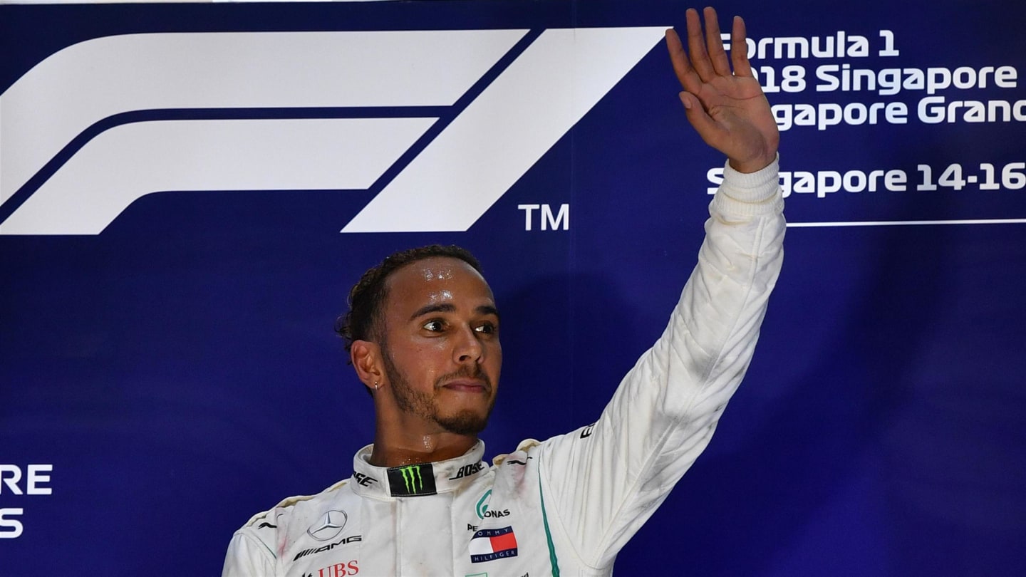 Race winner Lewis Hamilton, Mercedes-AMG F1 W09 EQ Power+ celebrates on the podium  at Formula One World Championship, Rd15, Singapore Grand Prix, Race, Marina Bay Circuit, Singapore, Sunday 16 September 2018.