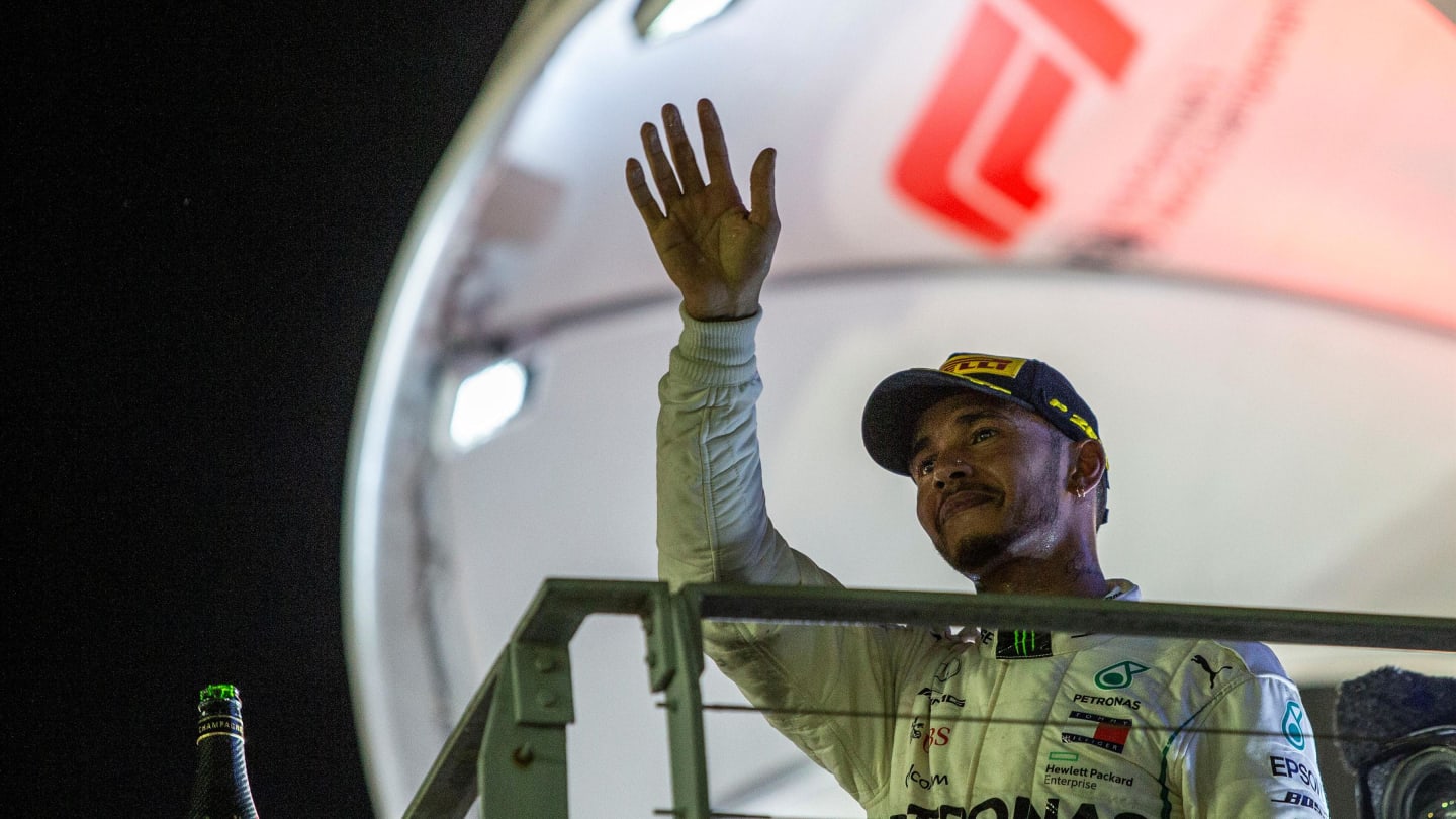 Race winner Lewis Hamilton, Mercedes AMG F1 celebrates on the podium at Formula One World