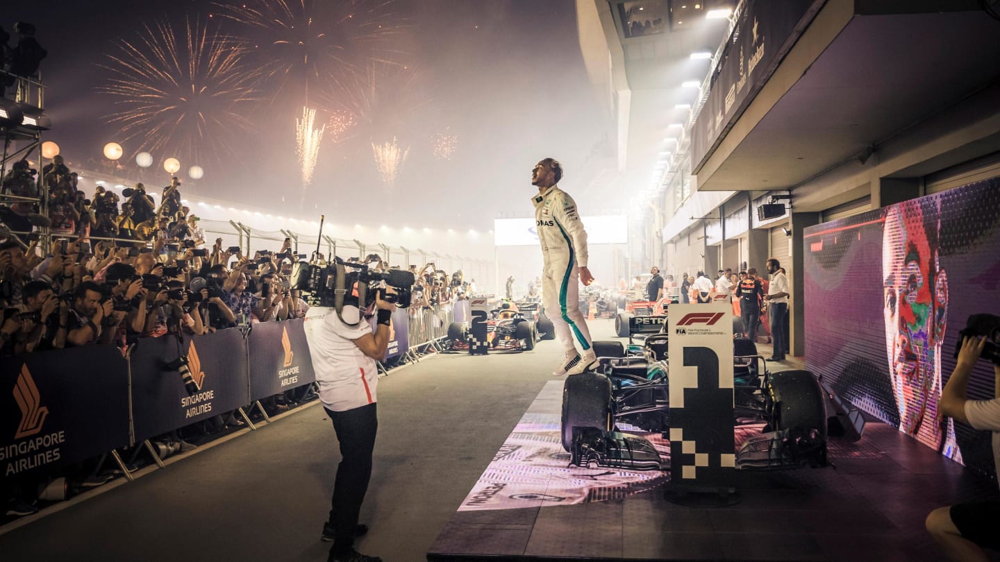 Race winner Lewis Hamilton, Mercedes-AMG F1 W09 EQ Power+ celebrates in parc ferme at Formula One