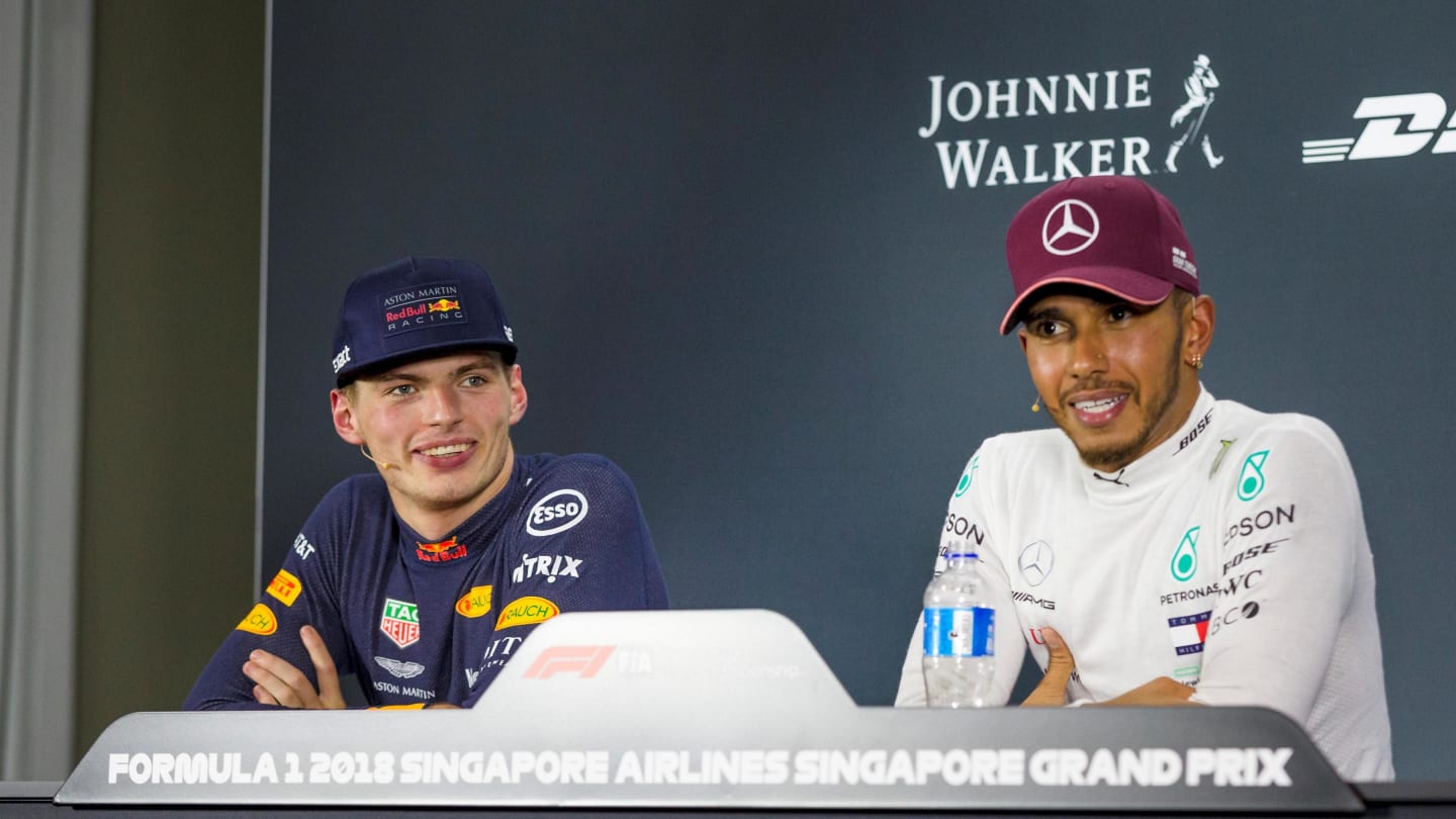 Max Verstappen, Red Bull Racing and Lewis Hamilton, Mercedes AMG F1 in the Press Conference at Formula One World Championship, Rd15, Singapore Grand Prix, Race, Marina Bay Circuit, Singapore, Sunday 16 September 2018.