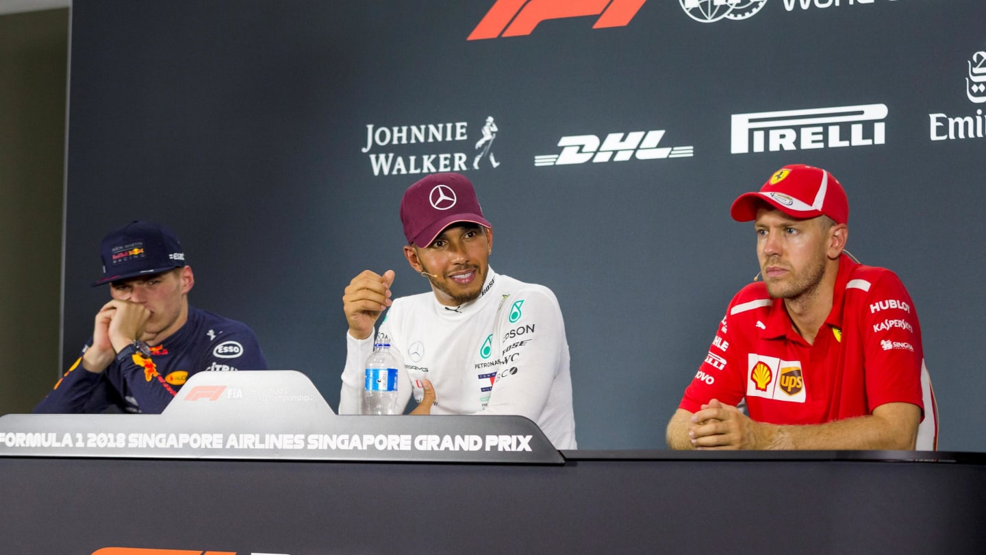 (L to R): Max Verstappen, Red Bull Racing, Lewis Hamilton, Mercedes AMG F1 and Sebastian Vettel,