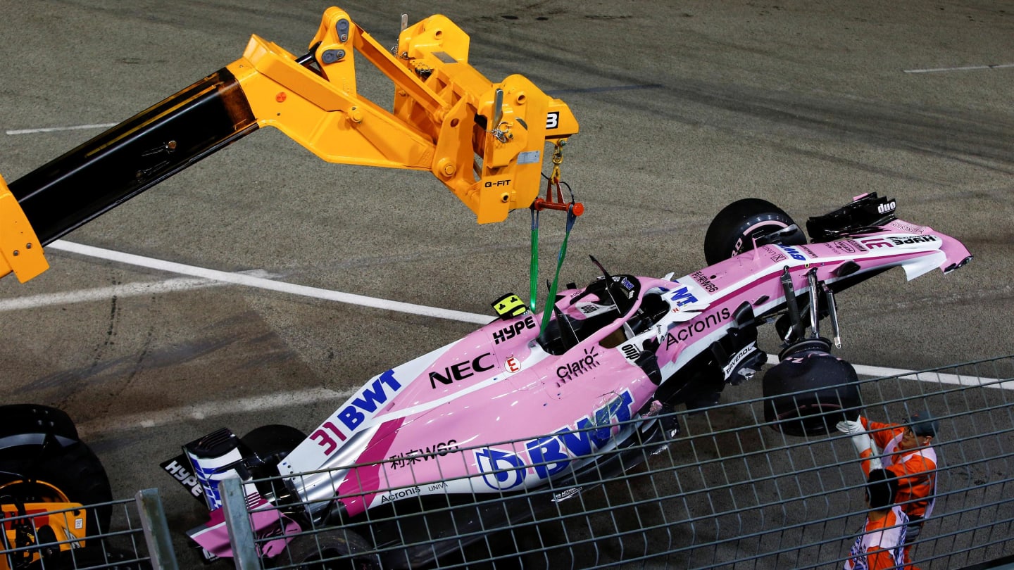 The crashed car of Esteban Ocon, Racing Point Force India VJM11 is recovered at Formula One World