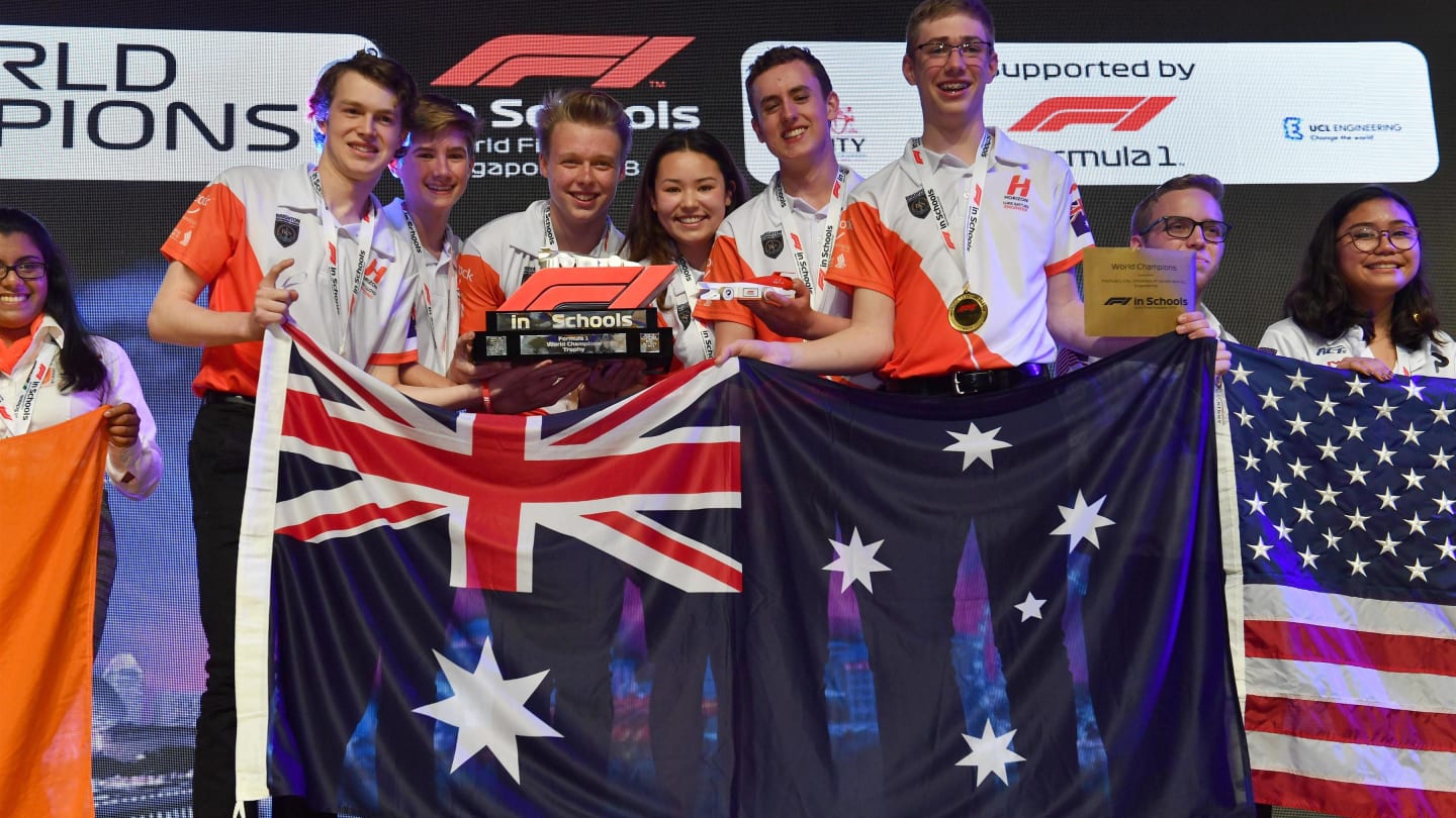 F1 in Schools World Champions Team Horizon celebrate at F1 in Schools World Finals, Resorts World