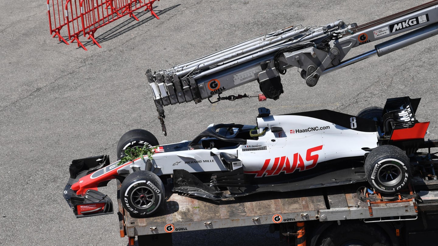 The crashed car of Romain Grosjean (FRA) Haas VF-18 is recovered to the pits in FP2 at Formula One World Championship, Rd5, Spanish Grand Prix, Practice, Barcelona, Spain, Friday 11 May 2018. © Mark Sutton/Sutton Images