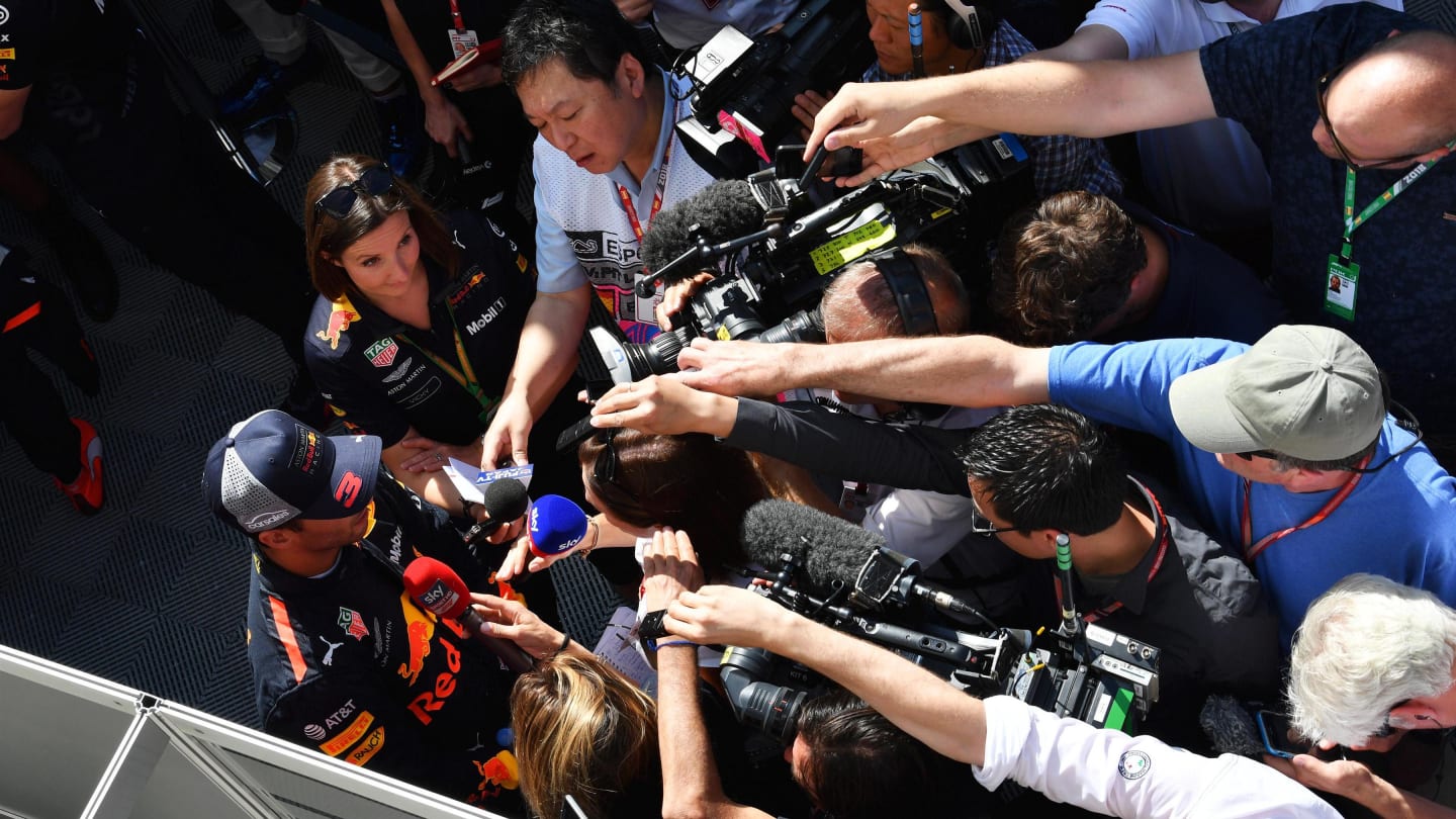 Daniel Ricciardo (AUS) Red Bull Racing talks with the media at Formula One World Championship, Rd5, Spanish Grand Prix, Practice, Barcelona, Spain, Friday 11 May 2018. © Mark Sutton/Sutton Images