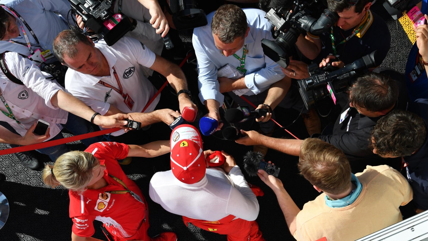 Sebastian Vettel (GER) Ferrari talks with the media at Formula One World Championship, Rd5, Spanish Grand Prix, Practice, Barcelona, Spain, Friday 11 May 2018. © Mark Sutton/Sutton Images