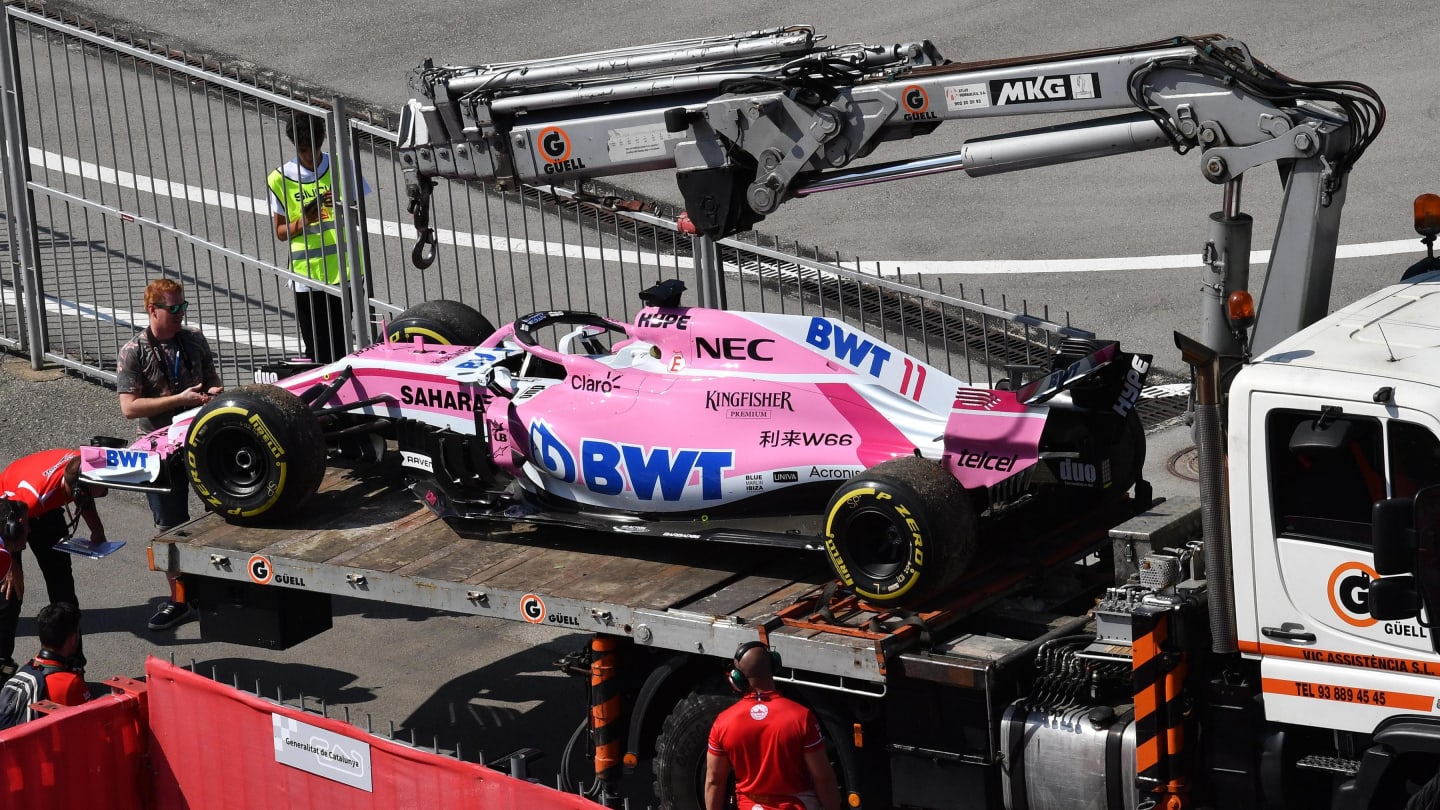 The recovered car of Sergio Perez (MEX) Force India VJM11 at Formula One World Championship, Rd5, Spanish Grand Prix, Practice, Barcelona, Spain, Friday 11 May 2018. © Mark Sutton/Sutton Images