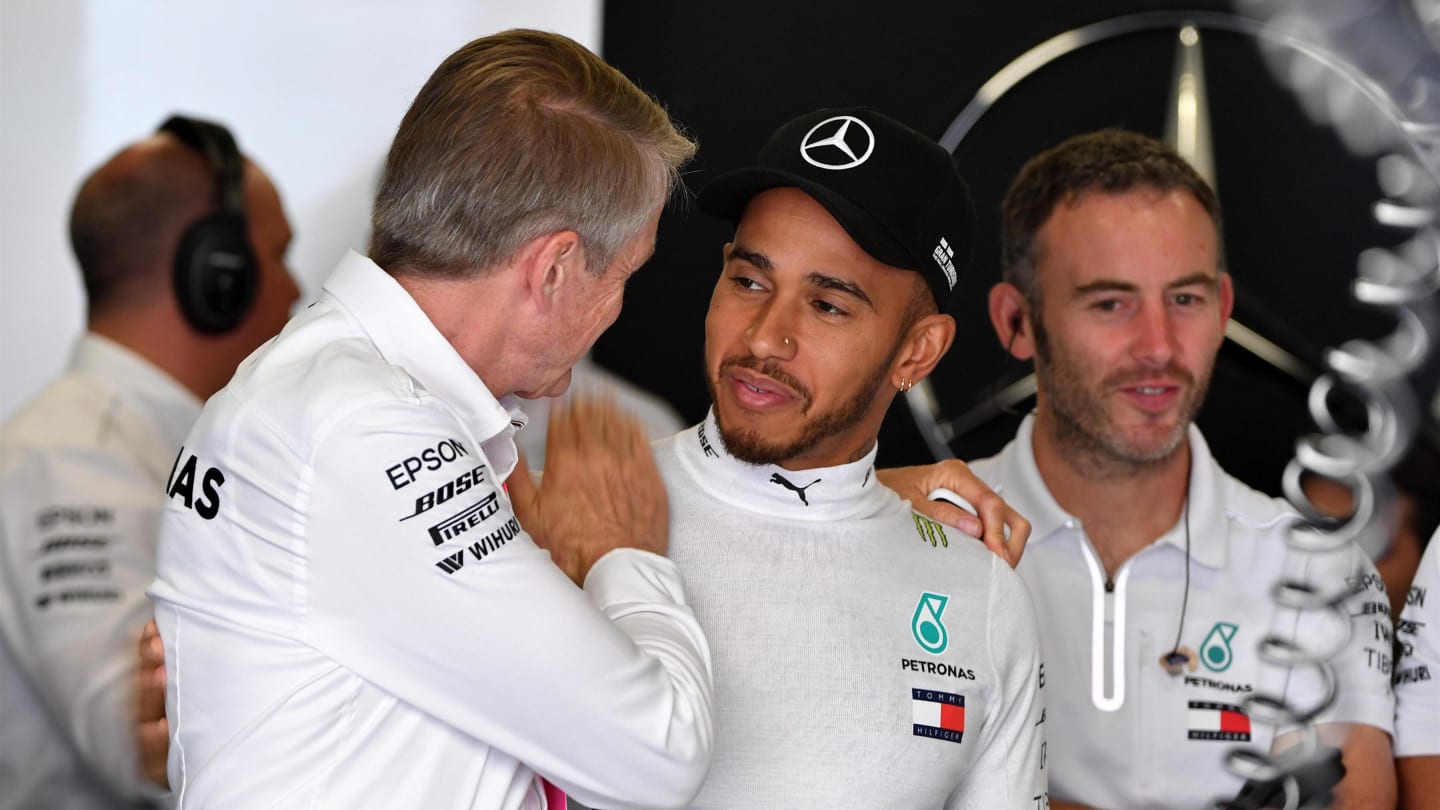 Lewis Hamilton (GBR) Mercedes-AMG F1 and Thomas Weber (GER) Member of the Board of Management at Formula One World Championship, Rd5, Spanish Grand Prix, Qualifying, Barcelona, Spain, Saturday 12 May 2018. © Mark Sutton/Sutton Images
