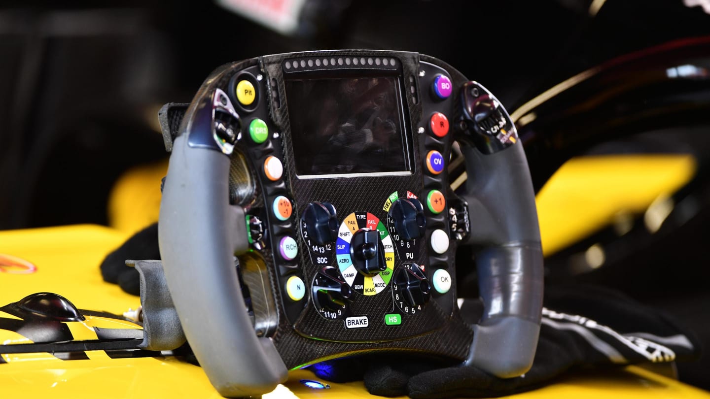 Renault Sport F1 Team RS18 steering wheel at Formula One World Championship, Rd5, Spanish Grand Prix, Qualifying, Barcelona, Spain, Saturday 12 May 2018. © Mark Sutton/Sutton Images