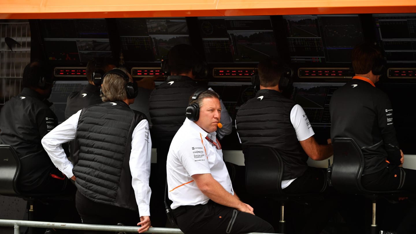 Zak Brown (USA) McLaren Racing CEO on the McLaren pit wall gantry at Formula One World