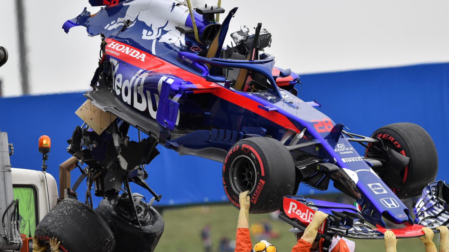 The crashed car of Brendon Hartley (NZL) Scuderia Toro Rosso is recovered in FP3 at Formula One World Championship, Rd5, Spanish Grand Prix, Qualifying, Barcelona, Spain, Saturday 12 May 2018. © Jerry Andre/Sutton Images
