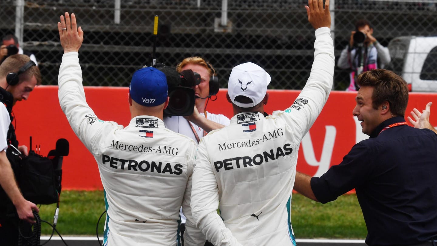 Pole sitter Lewis Hamilton (GBR) Mercedes-AMG F1 and Valtteri Bottas (FIN) Mercedes-AMG F1 celebrate in parc ferme at Formula One World Championship, Rd5, Spanish Grand Prix, Qualifying, Barcelona, Spain, Saturday 12 May 2018. © Mark Sutton/Sutton Images