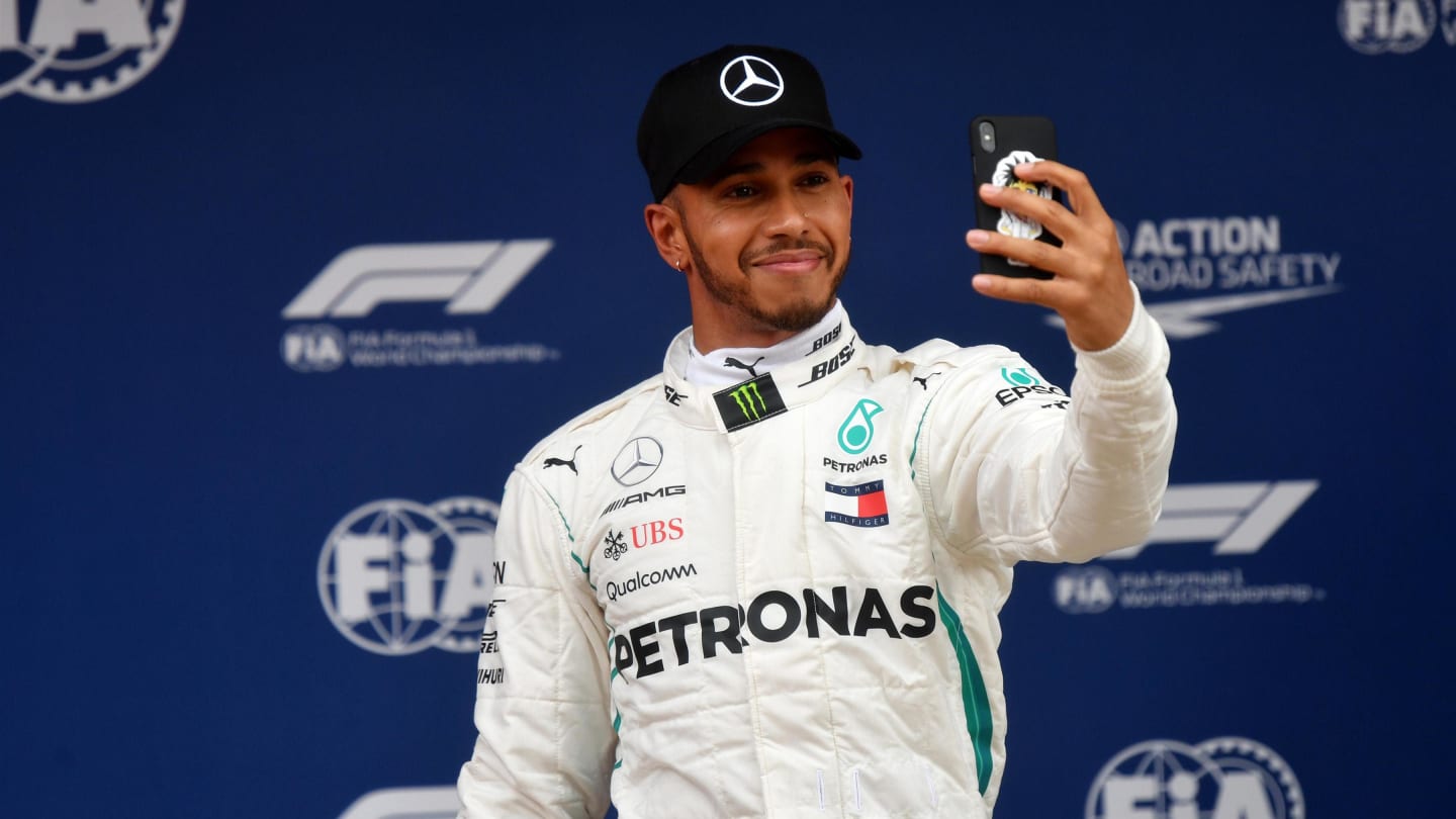 Pole sitter Lewis Hamilton (GBR) Mercedes-AMG F1 celebrates with a selfie in parc ferme at Formula One World Championship, Rd5, Spanish Grand Prix, Qualifying, Barcelona, Spain, Saturday 12 May 2018. © Mark Sutton/Sutton Images
