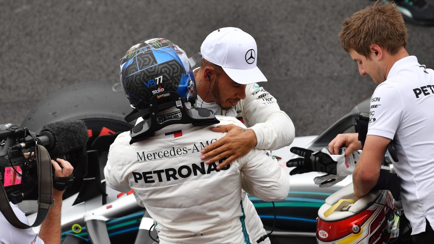 Pole sitter Lewis Hamilton (GBR) Mercedes-AMG F1 celebrates with Valtteri Bottas (FIN) Mercedes-AMG F1 in parc ferme at Formula One World Championship, Rd5, Spanish Grand Prix, Qualifying, Barcelona, Spain, Saturday 12 May 2018. © Jerry Andre/Sutton Images