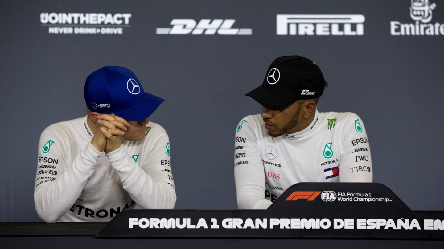 Valtteri Bottas (FIN) Mercedes-AMG F1 and Lewis Hamilton (GBR) Mercedes-AMG F1 in the Press Conference at Formula One World Championship, Rd5, Spanish Grand Prix, Qualifying, Barcelona, Spain, Saturday 12 May 2018. © Manuel Goria/Sutton Images