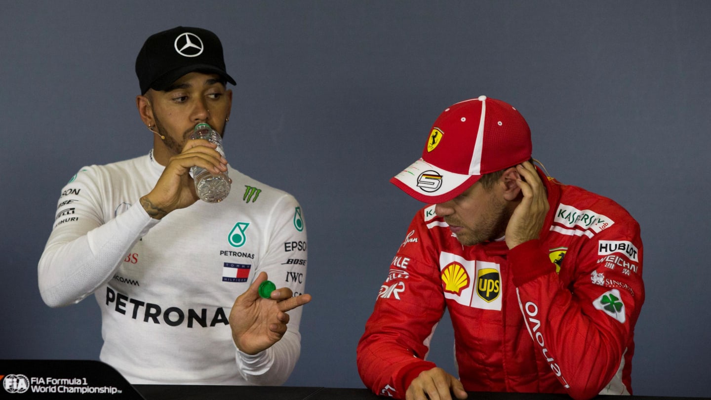 Lewis Hamilton (GBR) Mercedes-AMG F1 and Sebastian Vettel (GER) Ferrari in the Press Conference at Formula One World Championship, Rd5, Spanish Grand Prix, Qualifying, Barcelona, Spain, Saturday 12 May 2018. © Manuel Goria/Sutton Images