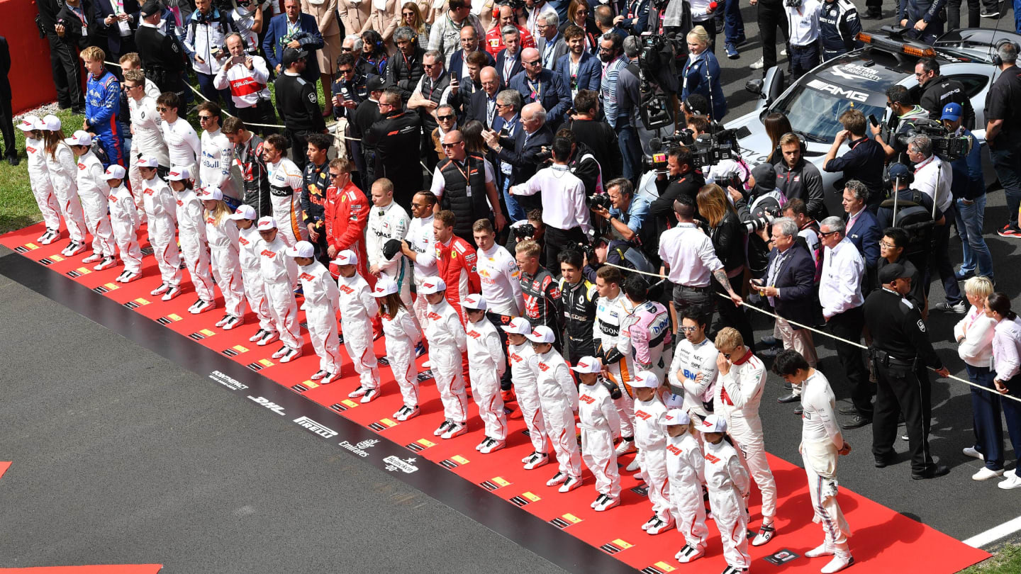 Drivers observe the National Anthem on the grid at Formula One World Championship, Rd5, Spanish Grand Prix, Race, Barcelona, Spain, Sunday 13 May 2018. © Jerry Andre/Sutton Images