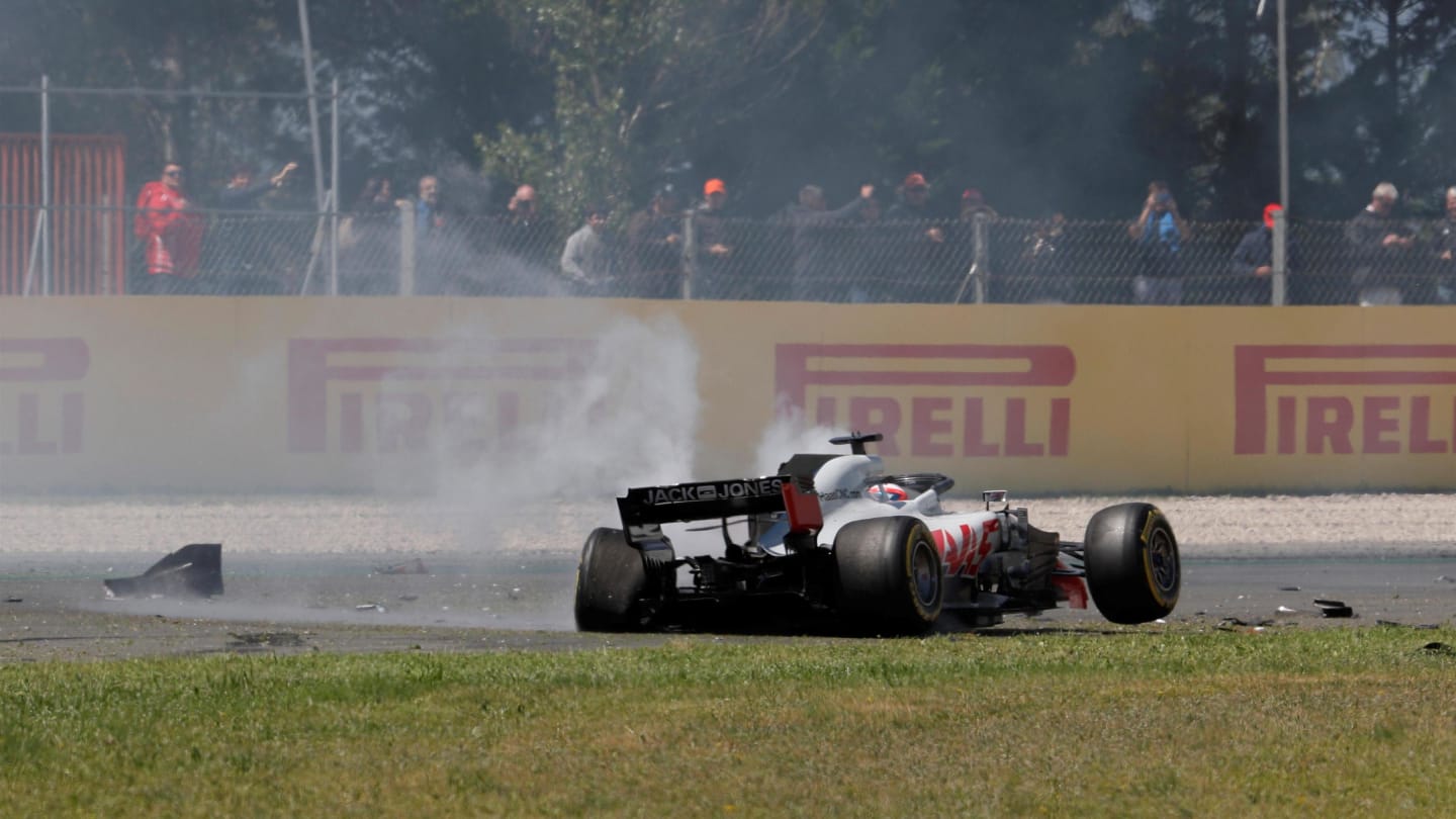 Romain Grosjean (FRA) Haas VF-18 crashes on lap one at Formula One World Championship, Rd5, Spanish Grand Prix, Race, Barcelona, Spain, Sunday 13 May 2018. © Zak Mauger/LAT/Sutton Images