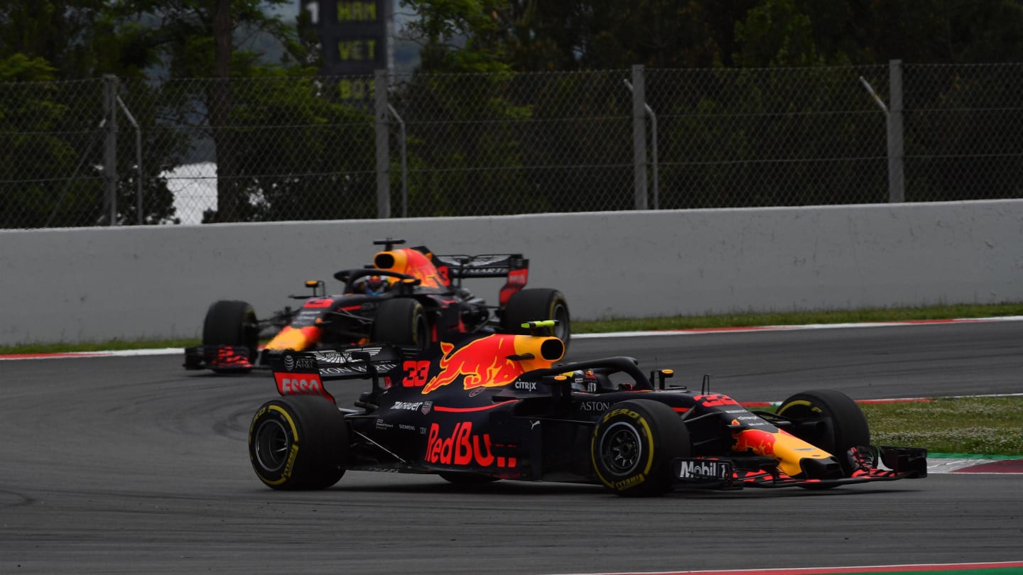 Max Verstappen (NED) Red Bull Racing RB14 leads Daniel Ricciardo (AUS) Red Bull Racing RB14 at Formula One World Championship, Rd5, Spanish Grand Prix, Race, Barcelona, Spain, Sunday 13 May 2018. © Mark Sutton/Sutton Images
