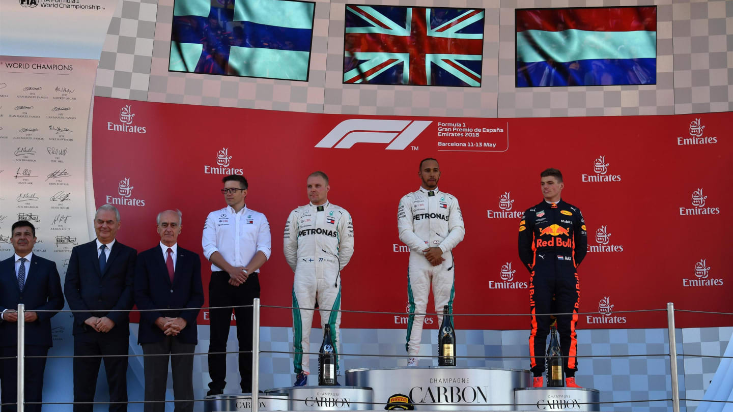 (L to R): Bonnington (GBR) Mercedes AMG F1 Race Engineer, Valtteri Bottas (FIN) Mercedes-AMG F1, Lewis Hamilton (GBR) Mercedes-AMG F1 and Max Verstappen (NED) Red Bull Racing on the podium at Formula One World Championship, Rd5, Spanish Grand Prix, Race, Barcelona, Spain, Sunday 13 May 2018. © Mark Sutton/Sutton Images