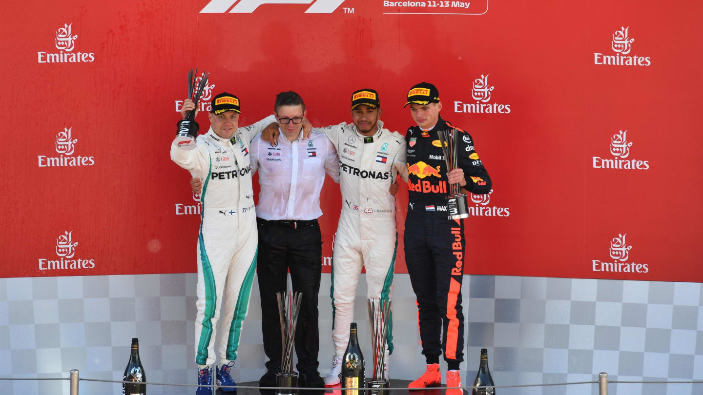 (L to R): Bonnington (GBR) Mercedes AMG F1 Race Engineer, Valtteri Bottas (FIN) Mercedes-AMG F1, Lewis Hamilton (GBR) Mercedes-AMG F1 and Max Verstappen (NED) Red Bull Racing celebrate on the podium at Formula One World Championship, Rd5, Spanish Grand Prix, Race, Barcelona, Spain, Sunday 13 May 2018. © Jerry Andre/Sutton Images