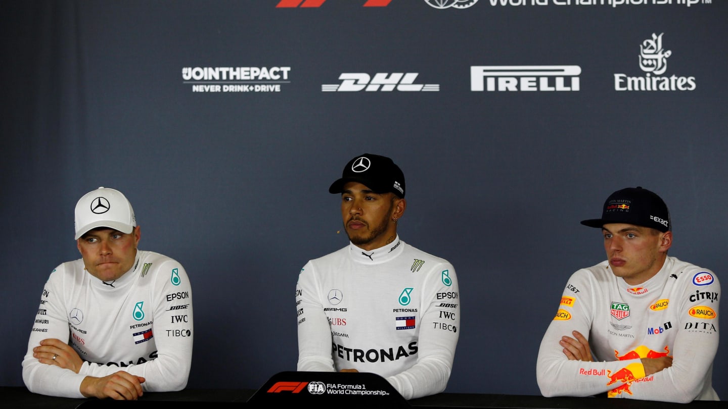Valtteri Bottas (FIN) Mercedes-AMG F1, Lewis Hamilton (GBR) Mercedes-AMG F1 and Max Verstappen (NED) Red Bull Racing in the Press Conference at Formula One World Championship, Rd5, Spanish Grand Prix, Race, Barcelona, Spain, Sunday 13 May 2018. © Manuel Goria/Sutton Images
