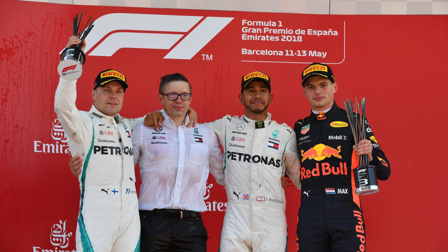 (L to R): Bonnington (GBR) Mercedes AMG F1 Race Engineer, Valtteri Bottas (FIN) Mercedes-AMG F1, Lewis Hamilton (GBR) Mercedes-AMG F1 and Max Verstappen (NED) Red Bull Racing on the podium at Formula One World Championship, Rd5, Spanish Grand Prix, Race, Barcelona, Spain, Sunday 13 May 2018. © Mark Sutton/Sutton Images