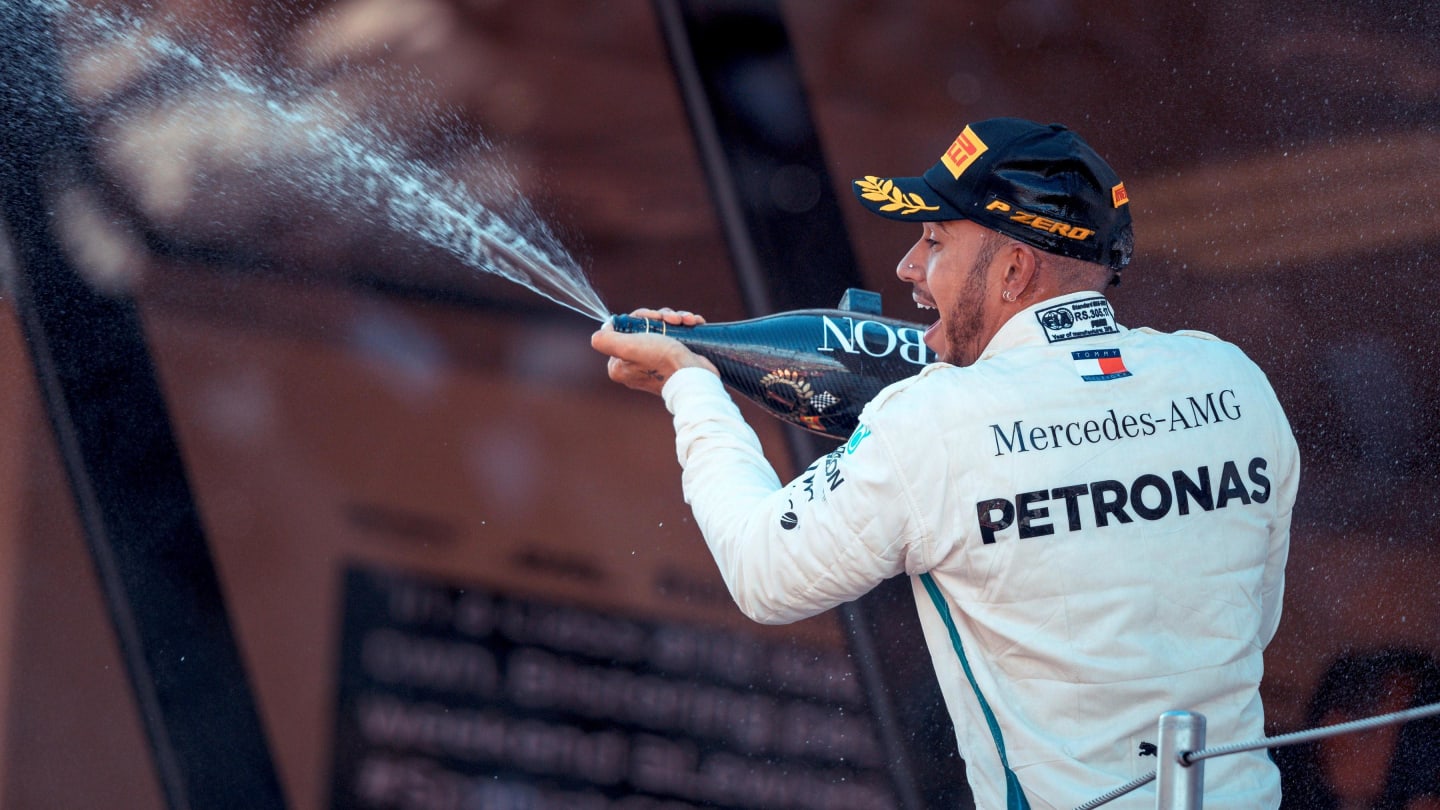 Race winner Lewis Hamilton (GBR) Mercedes-AMG F1 celebrates on the podium with the champagne at Formula One World Championship, Rd5, Spanish Grand Prix, Race, Barcelona, Spain, Sunday 13 May 2018. © Manuel Goria/Sutton Images