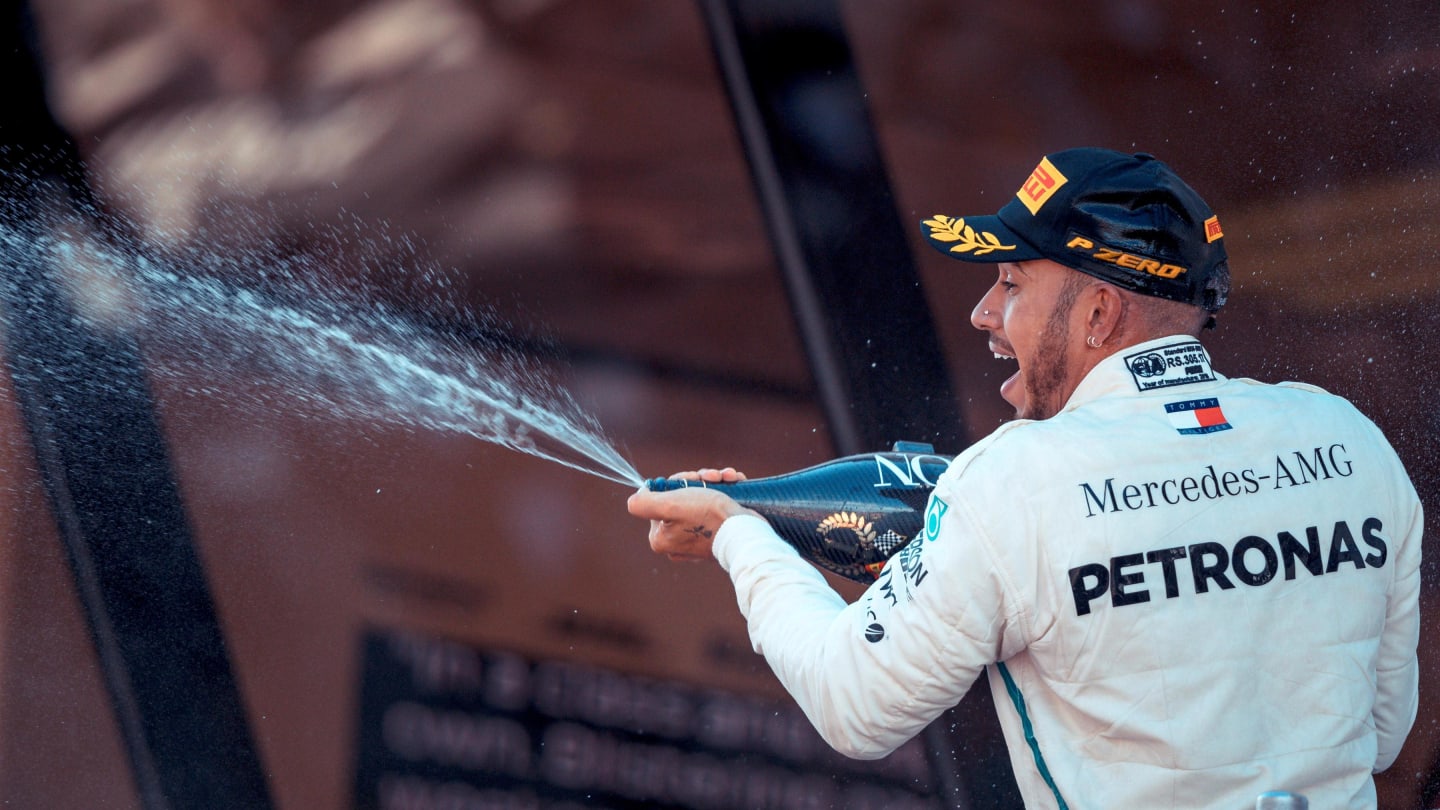Race winner Lewis Hamilton (GBR) Mercedes-AMG F1 celebrates on the podium with the champagne at Formula One World Championship, Rd5, Spanish Grand Prix, Race, Barcelona, Spain, Sunday 13 May 2018. © Manuel Goria/Sutton Images