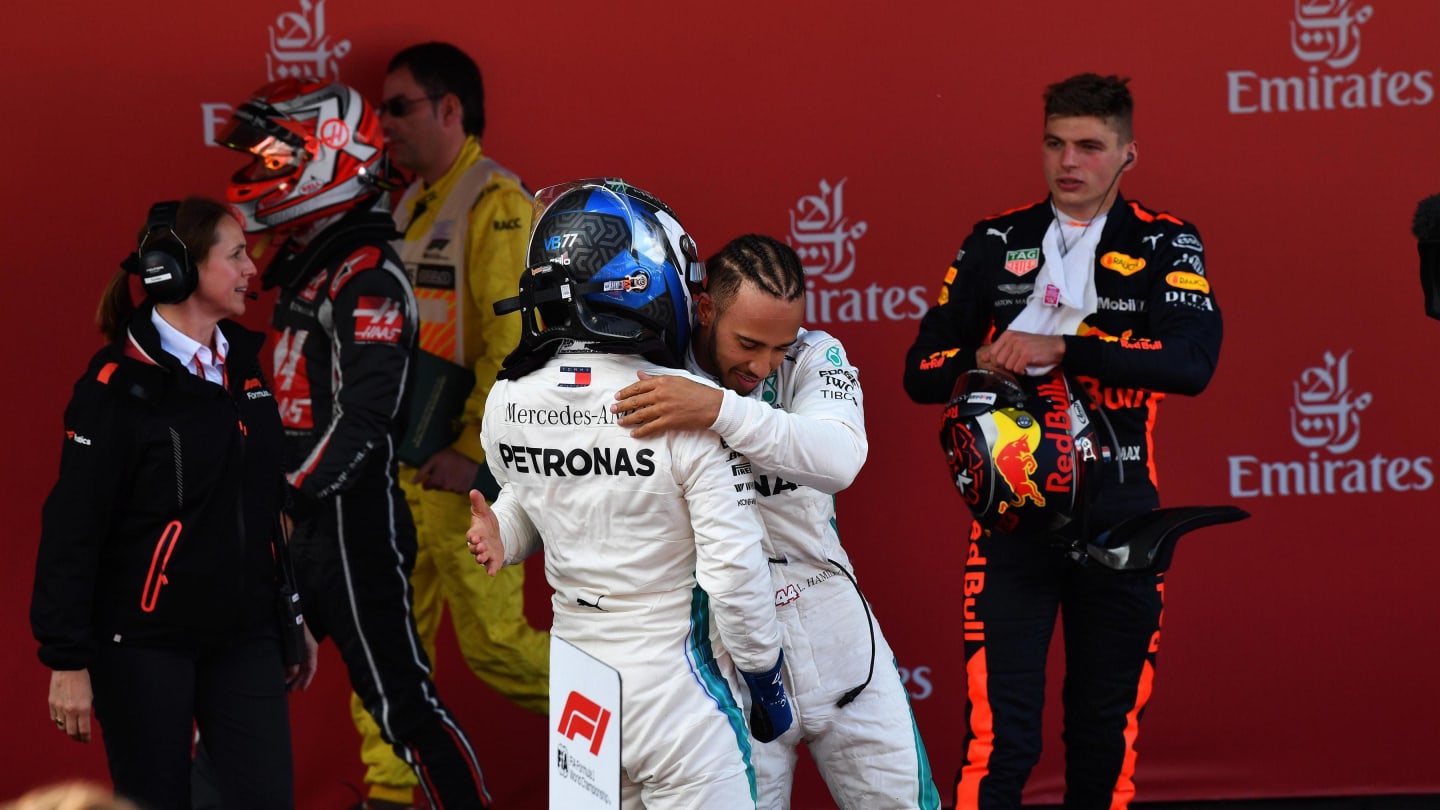 Race winner Lewis Hamilton (GBR) Mercedes-AMG F1 and Valtteri Bottas (FIN) Mercedes-AMG F1 celebrate in parc ferme at Formula One World Championship, Rd5, Spanish Grand Prix, Race, Barcelona, Spain, Sunday 13 May 2018. © Mark Sutton/Sutton Images