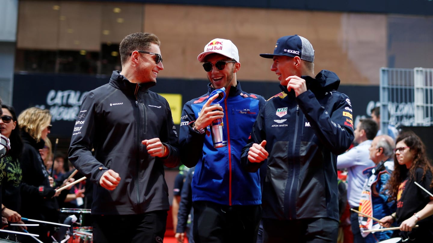 Stoffel Vandoorne (BEL) McLaren MCL33, Pierre Gasly (FRA) Scuderia Toro Rosso and Max Verstappen (NED) Red Bull Racing on the drivers parade at Formula One World Championship, Rd5, Spanish Grand Prix, Race, Barcelona, Spain, Sunday 13 May 2018. © Manuel Goria/Sutton Images