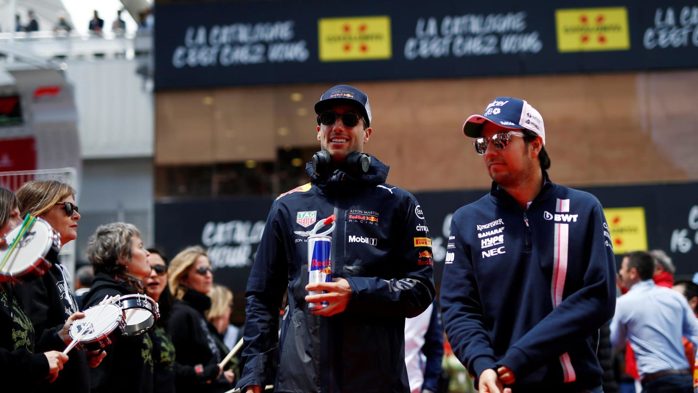 Daniel Ricciardo (AUS) Red Bull Racing and Sergio Perez (MEX) Force India on the drivers parade at Formula One World Championship, Rd5, Spanish Grand Prix, Race, Barcelona, Spain, Sunday 13 May 2018. © Manuel Goria/Sutton Images