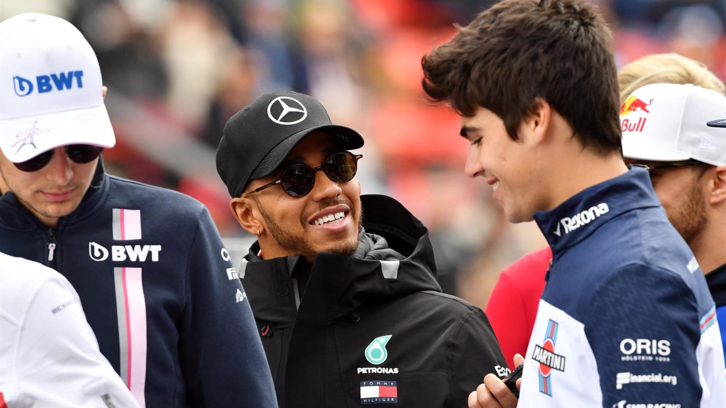 Lewis Hamilton (GBR) Mercedes-AMG F1 and Lance Stroll (CDN) Williams on the drivers parade at Formula One World Championship, Rd5, Spanish Grand Prix, Race, Barcelona, Spain, Sunday 13 May 2018. © Jerry Andre/Sutton Images