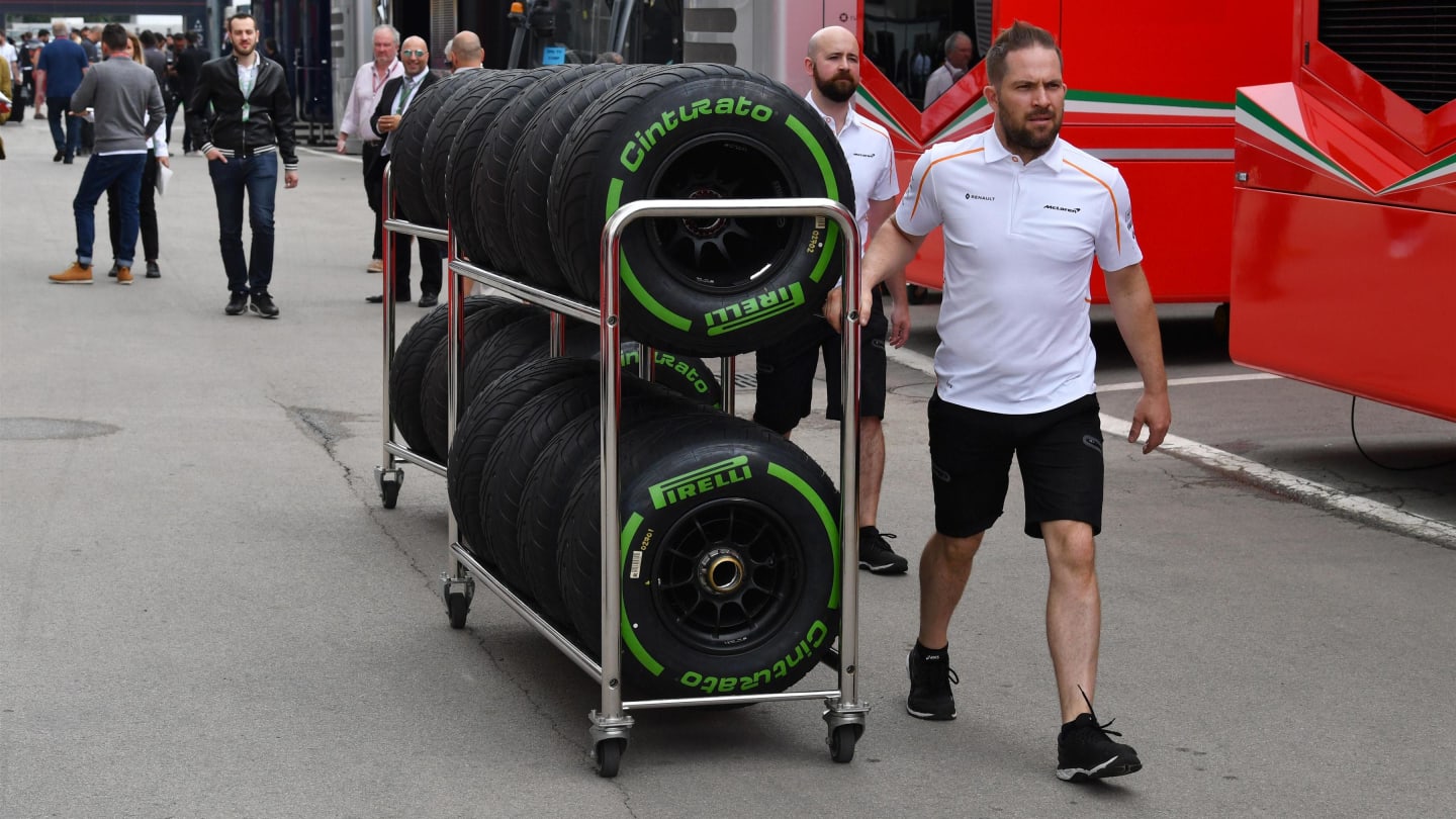 McLaren mechanic and Pirelli tyres at Formula One World Championship, Rd5, Spanish Grand Prix, Preparations, Barcelona, Spain, Thursday 10 May 2018. © Mark Sutton/Sutton Images