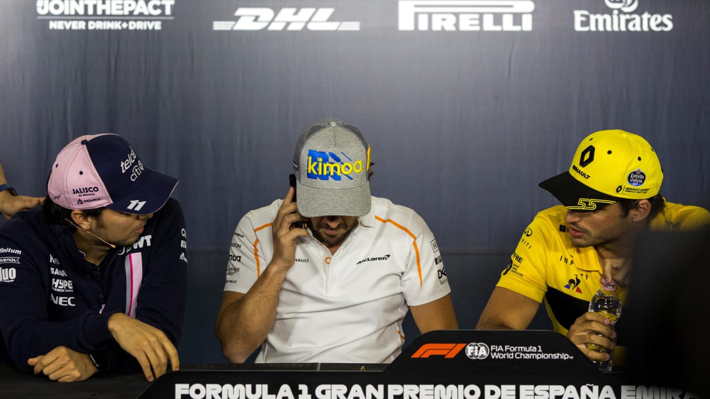 Sergio Perez (MEX) Force India, Fernando Alonso (ESP) McLaren and Carlos Sainz jr (ESP) Renault Sport F1 Team in the Press Conference at Formula One World Championship, Rd5, Spanish Grand Prix, Preparations, Barcelona, Spain, Thursday 10 May 2018. © Manuel Goria/Sutton Images