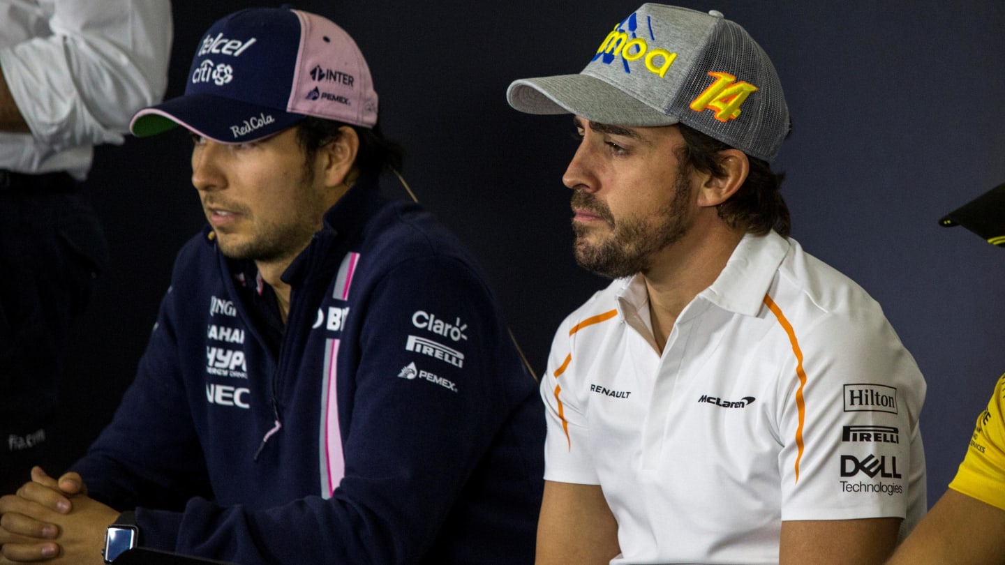 Sergio Perez (MEX) Force India and Fernando Alonso (ESP) McLaren in the Press Conference at Formula One World Championship, Rd5, Spanish Grand Prix, Preparations, Barcelona, Spain, Thursday 10 May 2018. © Manuel Goria/Sutton Images