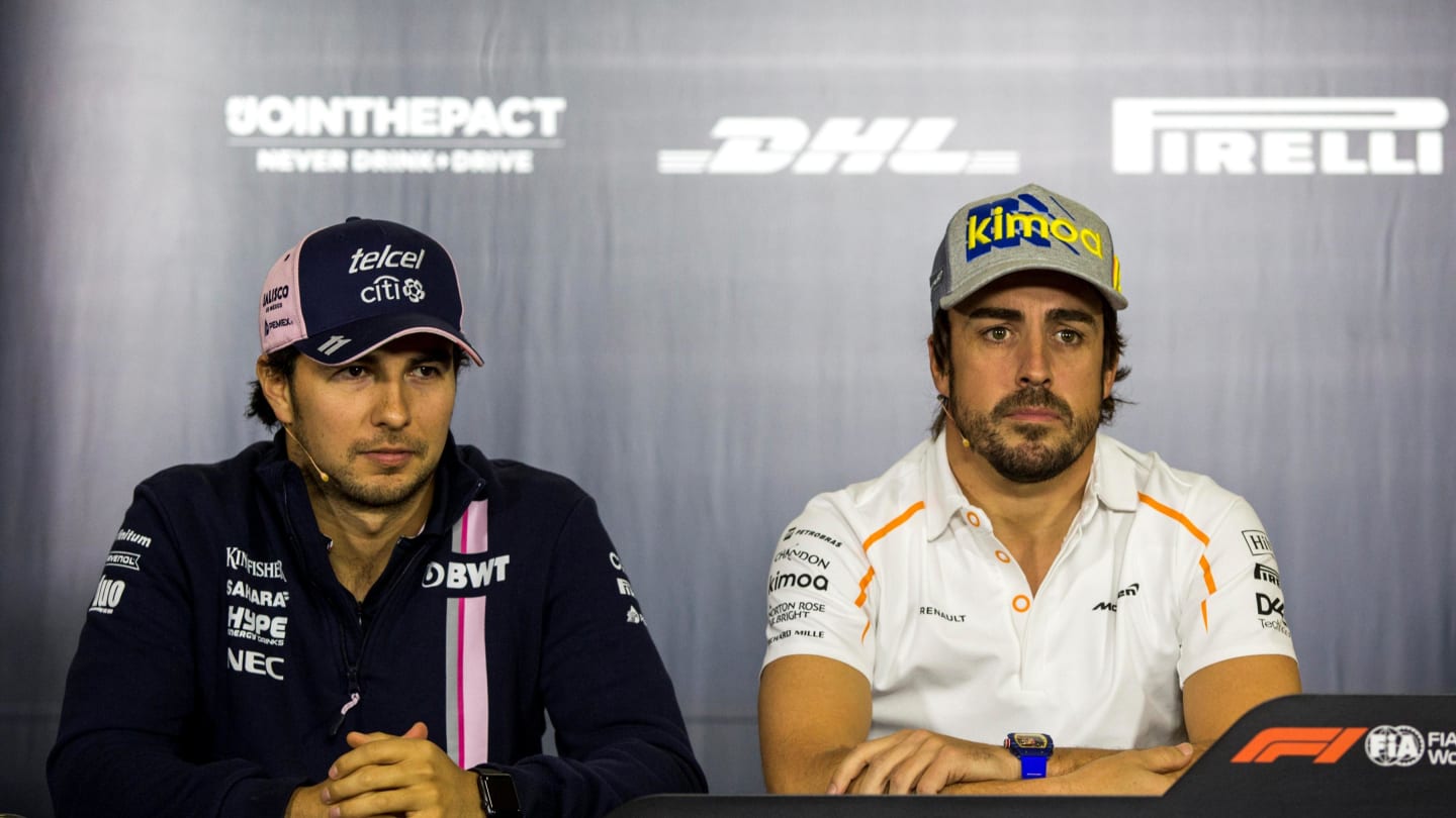 Sergio Perez (MEX) Force India and Fernando Alonso (ESP) McLaren in the Press Conference at Formula One World Championship, Rd5, Spanish Grand Prix, Preparations, Barcelona, Spain, Thursday 10 May 2018. © Manuel Goria/Sutton Images