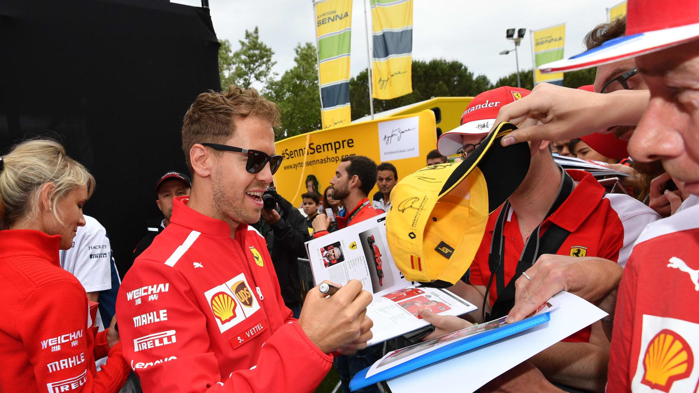 Sebastian Vettel (GER) Ferrari signs autographs for the fans at Formula One World Championship, Rd5, Spanish Grand Prix, Preparations, Barcelona, Spain, Thursday 10 May 2018. © Jerry Andre/Sutton Images