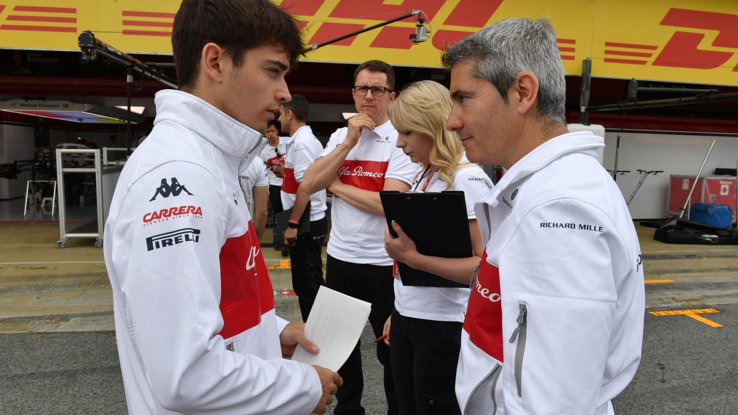 Charles Leclerc (MON) Alfa Romeo Sauber F1 Team and Xevi Pujolar (ESP) Alfa Romeo Sauber F1 Team Head of Track Engineering at F1 World Championship, Rd5, Spanish Grand Prix, Preparations, Barcelona, Spain, Thursday 10 May 2018. © Mark Sutton/Sutton Images