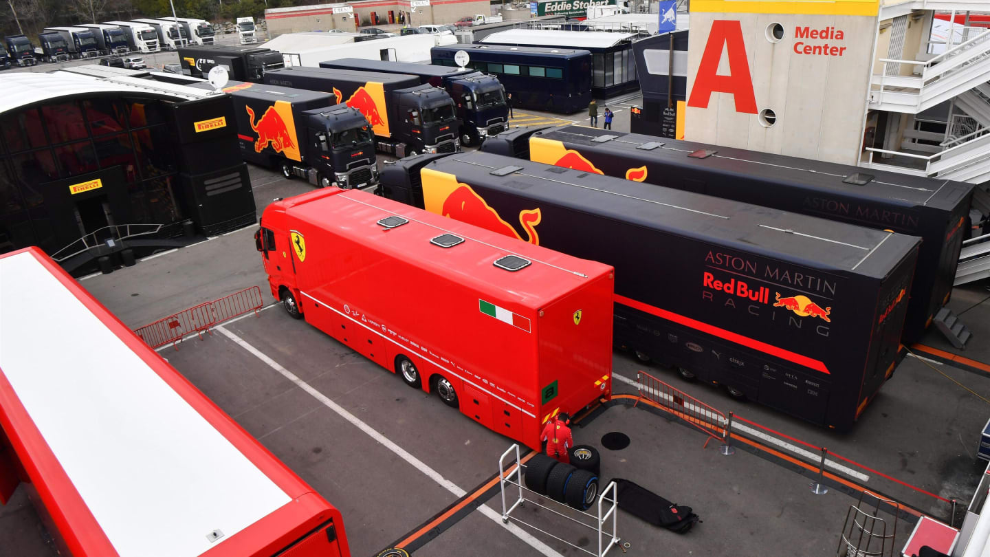 Ferrari and Red Bull Racing trucks in the Paddock at Formula One Testing, Day One, Barcelona, Spain, 26 February 2018. © Mark Sutton/Sutton Images