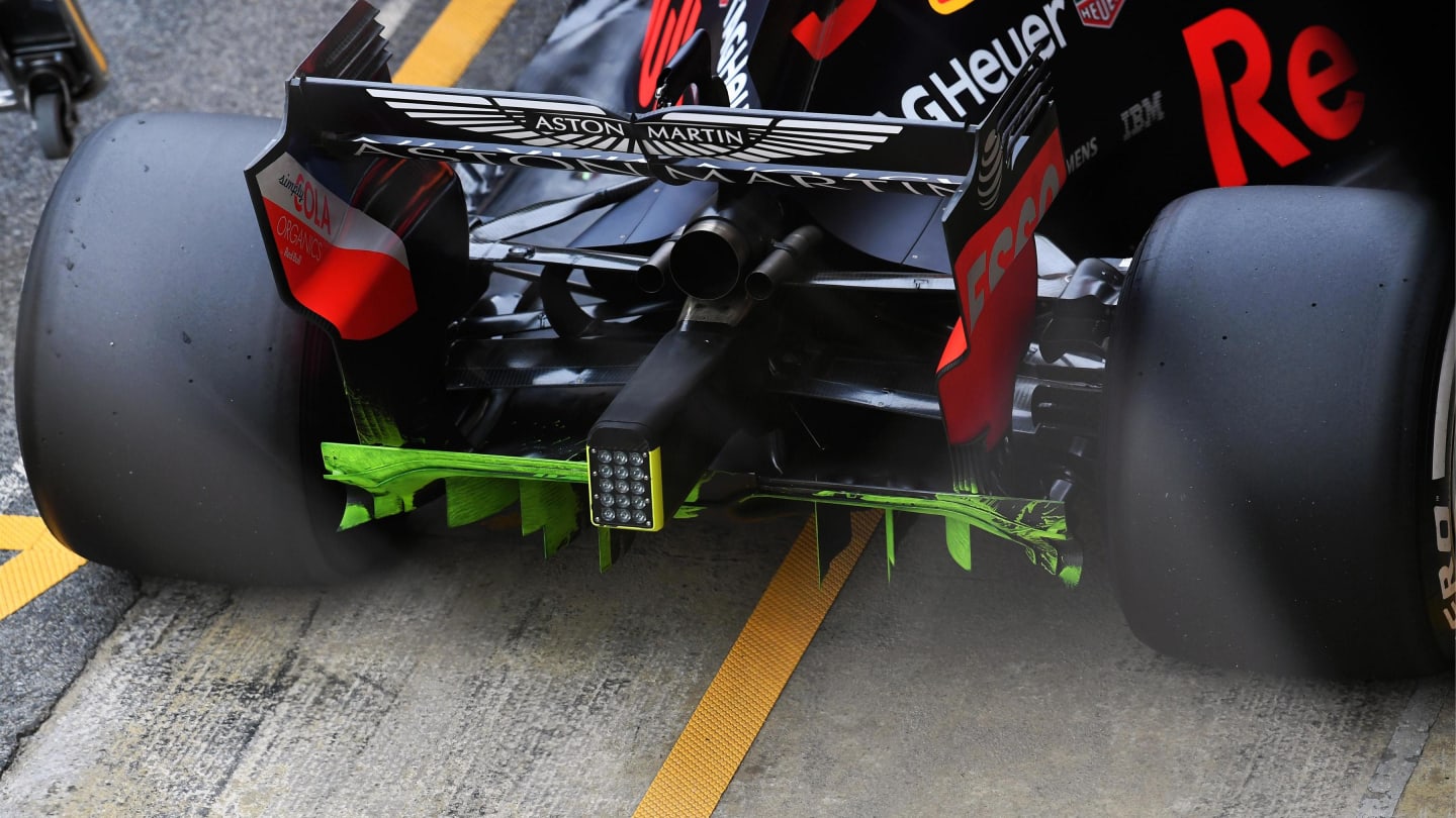 Red Bull Racing RB14 rear diffuser with aero paint at Formula One Testing, Day One, Barcelona, Spain, 26 February 2018. © Mark Sutton/Sutton Images