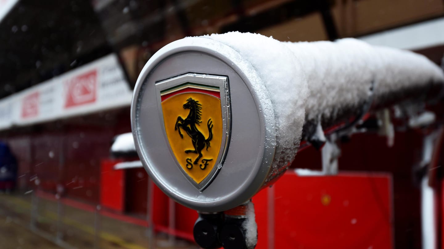 Ferrari logo as snow stops testing on day three at Formula One Testing, Day Three, Barcelona, Spain, 28 February 2018. © Jerry Andre/Sutton Images