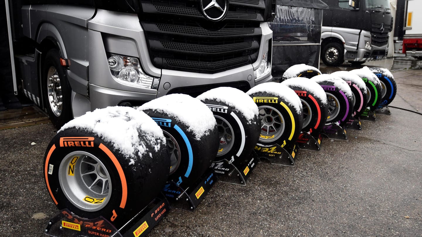 Snow covered Pirelli tyres at Formula One Testing, Day Three, Barcelona, Spain, 28 February 2018. © Jerry Andre/Sutton Images