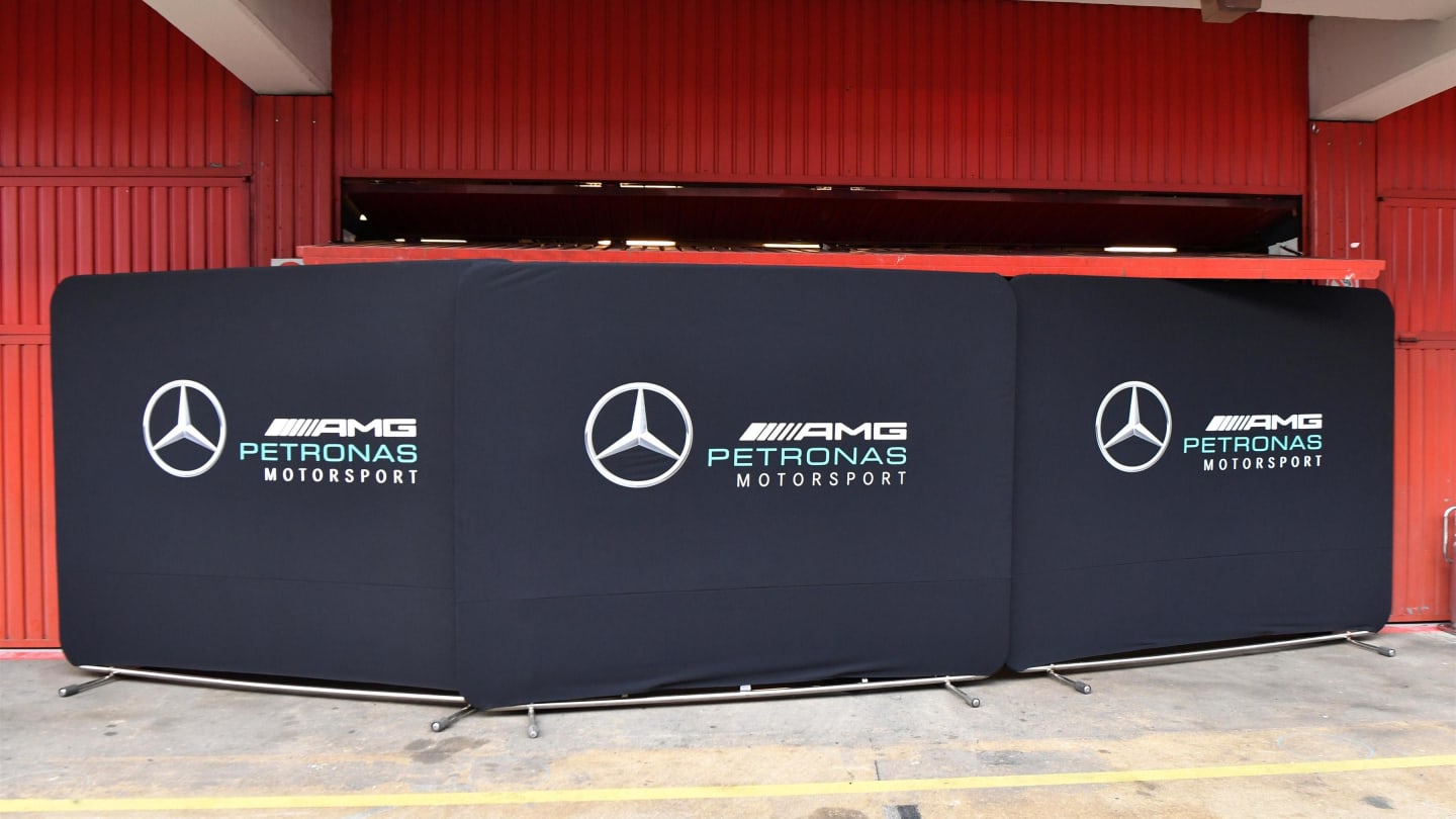 Mercedes AMG F1 garage screens at Formula One Testing, Day Two, Barcelona, Spain, 27 February 2018. © Mark Sutton/Sutton Images