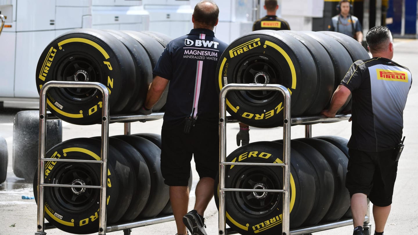 Force India F1 mechanics and Pirelli tyres at Formula One Testing, Day One, Barcelona, Spain,