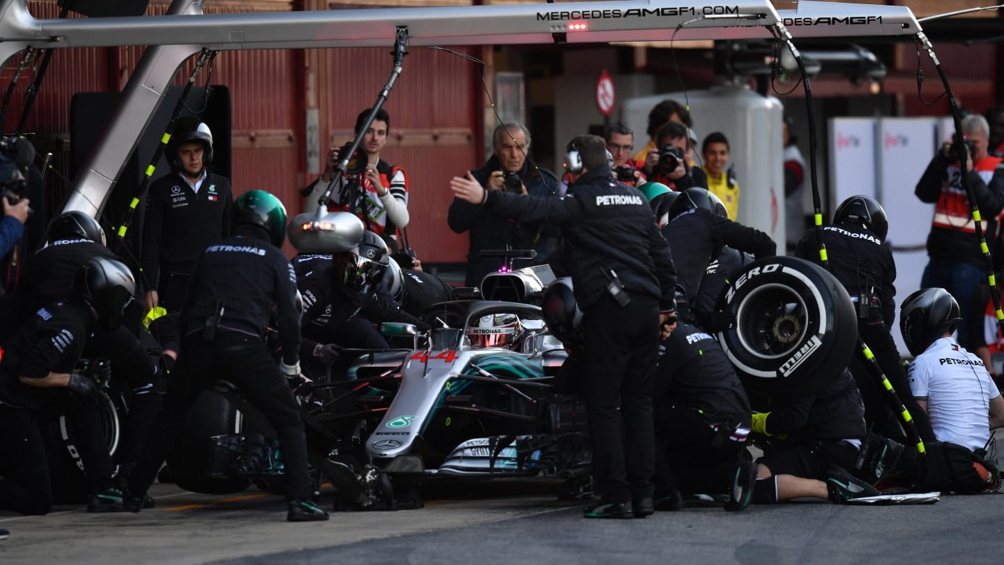 Lewis Hamilton (GBR) Mercedes-AMG F1 W09 EQ Power+ pit stop at Formula One Testing, Day Two, Barcelona, Spain, 7 March 2018. © Mark Sutton/Sutton Images