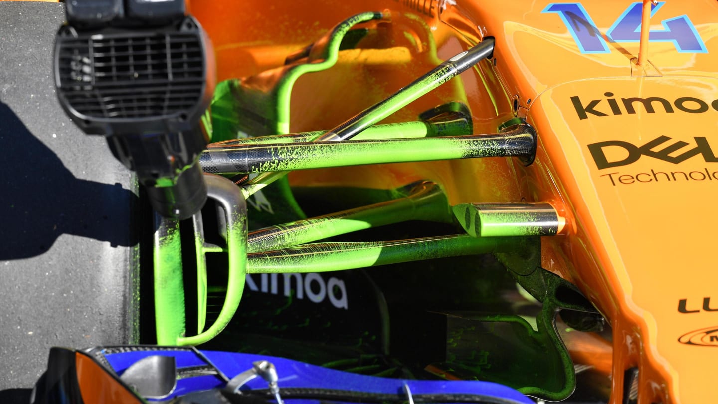 McLaren MCL33 front suspension detail with aero paint at Formula One Testing, Day Two, Barcelona, Spain, 7 March 2018. © Mark Sutton/Sutton Images