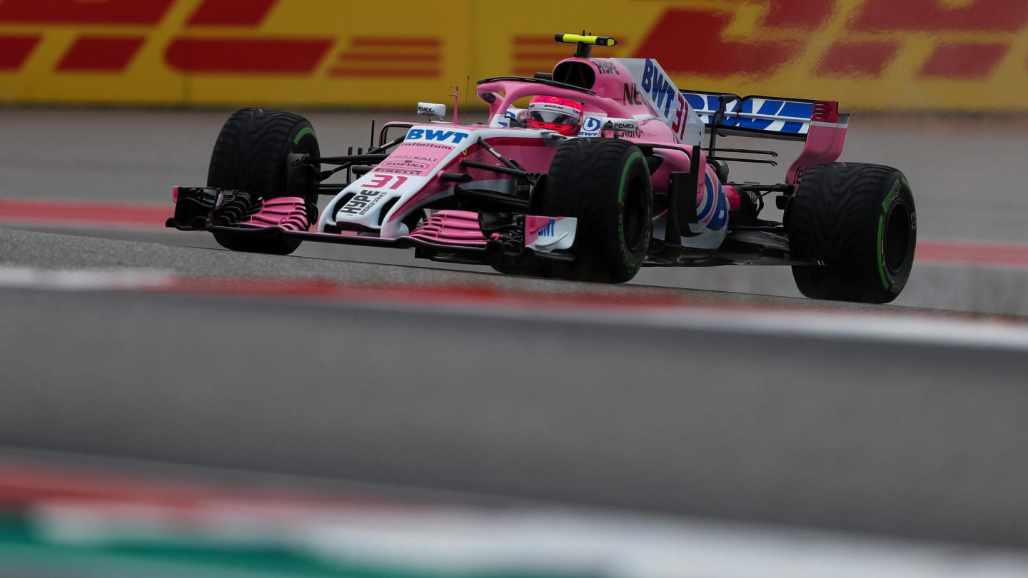 Esteban Ocon, Racing Point Force India VJM11 at Formula One World Championship, Rd18, United States Grand Prix, Practice, Circuit of the Americas, Austin, Texas, USA, Friday 19 October 2018.
