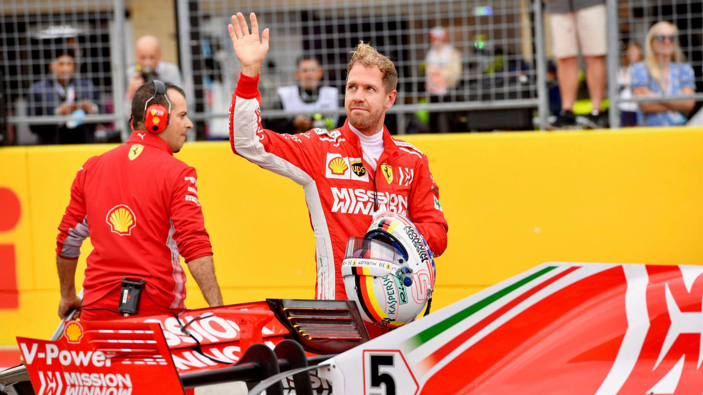 Sebastian Vettel, Ferrari celebrates in parc ferme at Formula World Championship, Rd18, United States Grand Prix, Qualifying, Circuit of the Americas, Austin, Texas, USA, Saturday 20 October 2018.