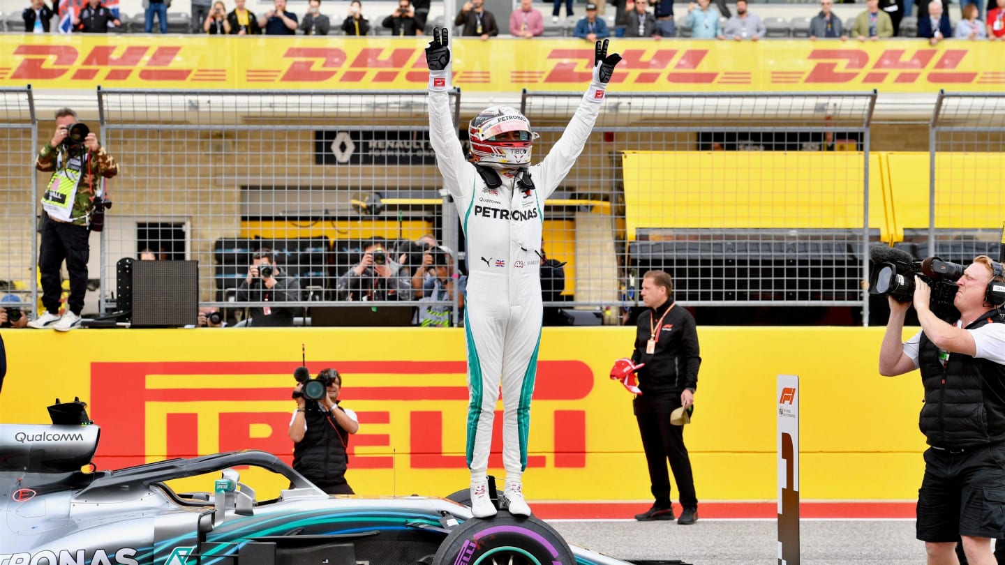 Pole sitter Lewis Hamilton, Mercedes AMG F1 celebrates in Parc Ferme at Formula World Championship, Rd18, United States Grand Prix, Qualifying, Circuit of the Americas, Austin, Texas, USA, Saturday 20 October 2018.
